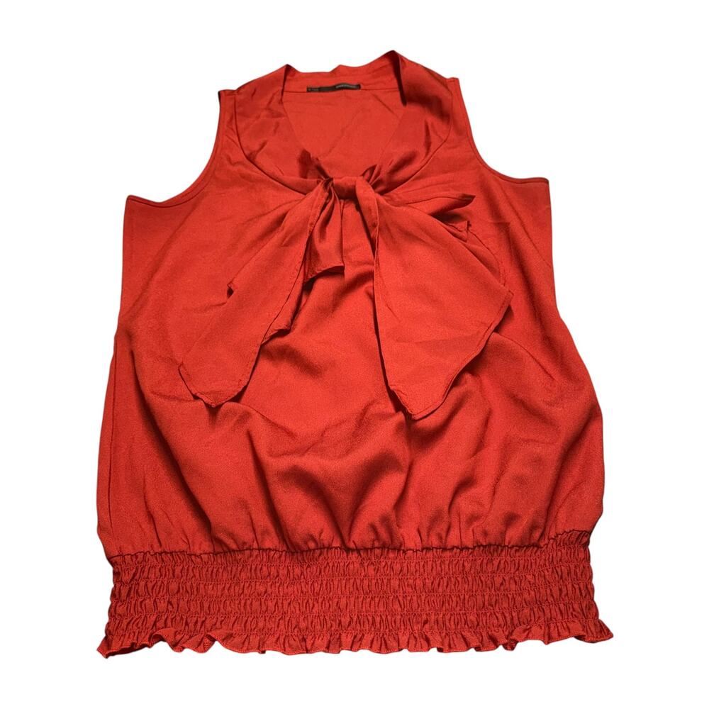 Maurices Medium Red Sleeveless Bow Neck Top Smocked Ruffle Hem Tank Blouse - Picture 2 of 6